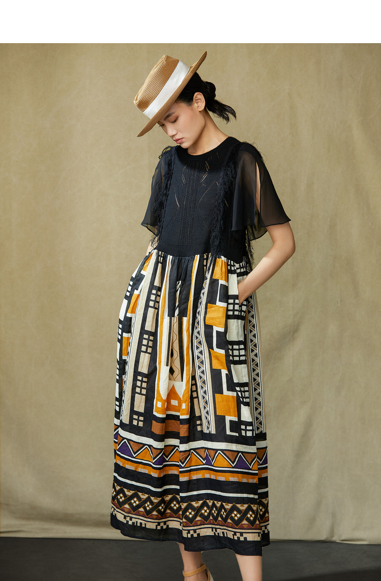 原创设计donoratico达衣岩2020夏连衣裙西风满院花语飞蕠卡其s