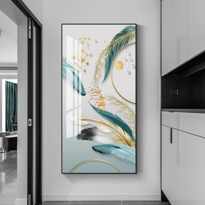 玄关走廊过道挂画轻奢晶瓷画客厅背景墙入户壁画画麋鹿祥瑞麋鹿80160