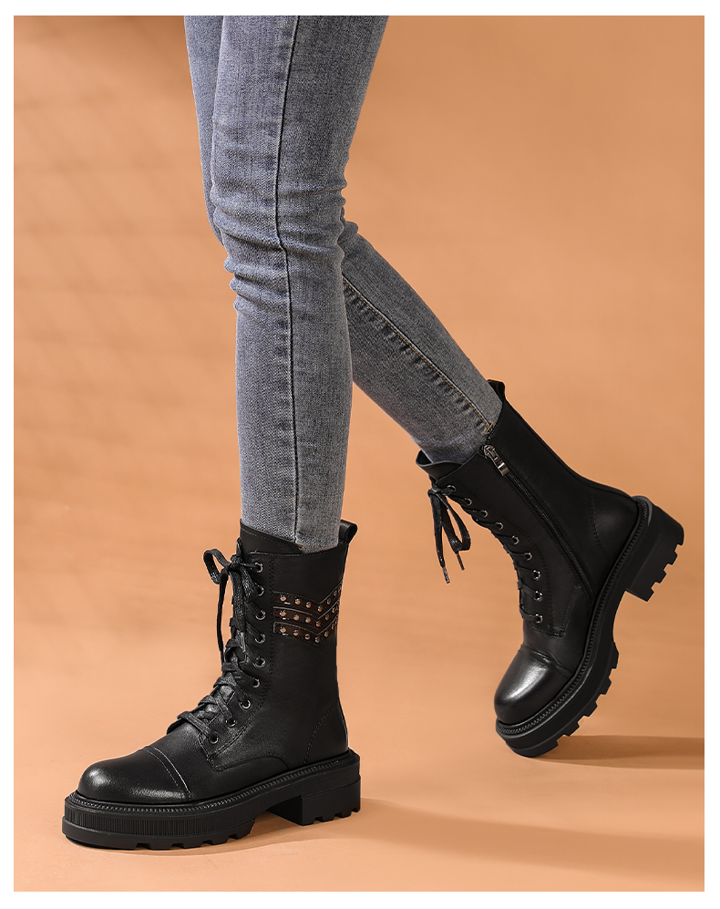 芙妮诗尼系带马丁靴女2021冬季新款圆头短靴女单靴时尚英伦风机车靴粗