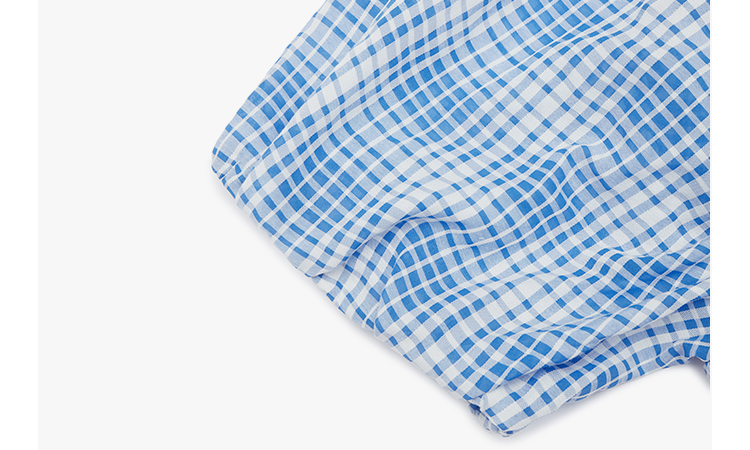 moco2021夏季新品清新蓝白格纹方领泡泡袖上衣mba2top037 摩安珂 蓝