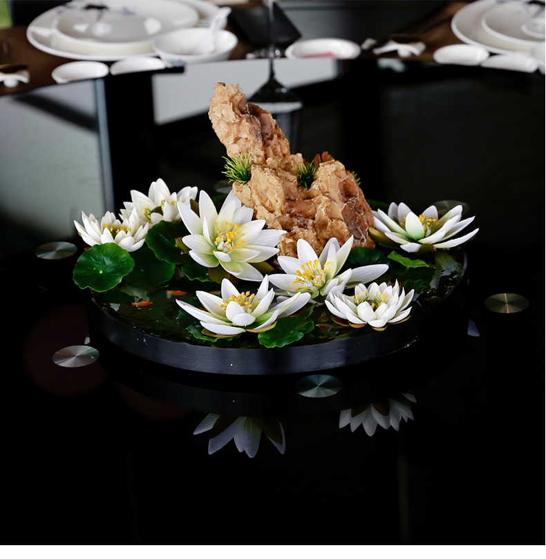野派中式睡莲大餐桌摆件圆桌餐桌台花电动餐桌插花酒店包厢转盘中间