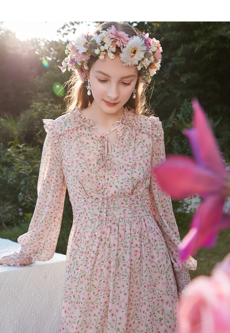 三彩2021秋季新款木耳边系带v领雪纺裙樱花粉大摆长裙连衣裙 粉红 165