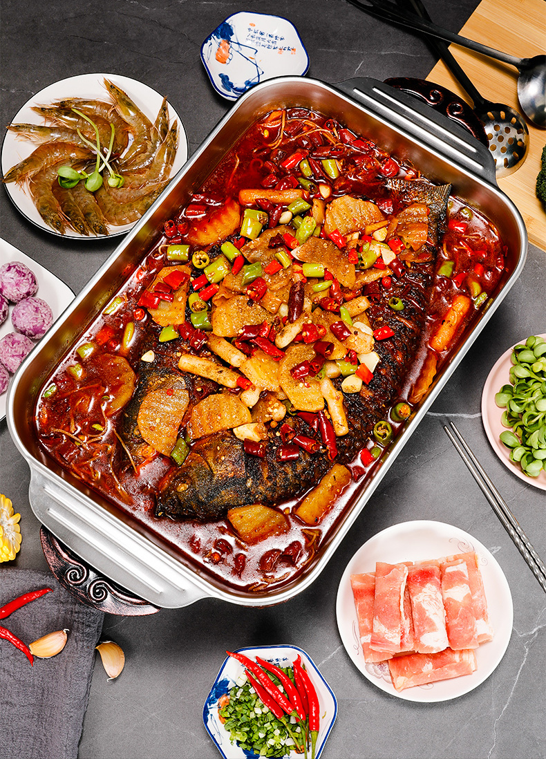 烤鱼盘家用长方形不锈钢烤鱼炉商用酒精烧烤海鲜大咖烤鱼盘专用锅小号