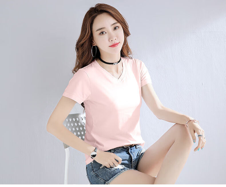 t恤女夏季新款恤百搭遮肚女装显瘦青春领短袖上衣夏季纯色汗衫女小衫