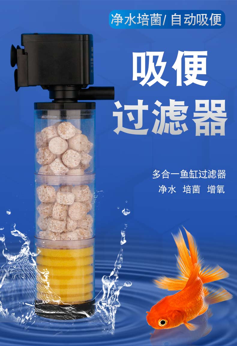 鱼缸净化器鱼缸过滤器免换水内置循环泵三合一净水神器增氧圆形小型