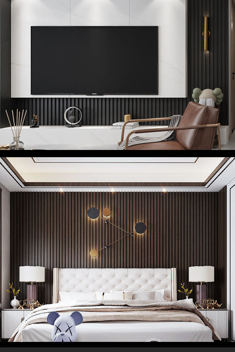 实木格栅板电视背景墙护墙长城板生态木轻奢网红凹凸形客厅长城板 直