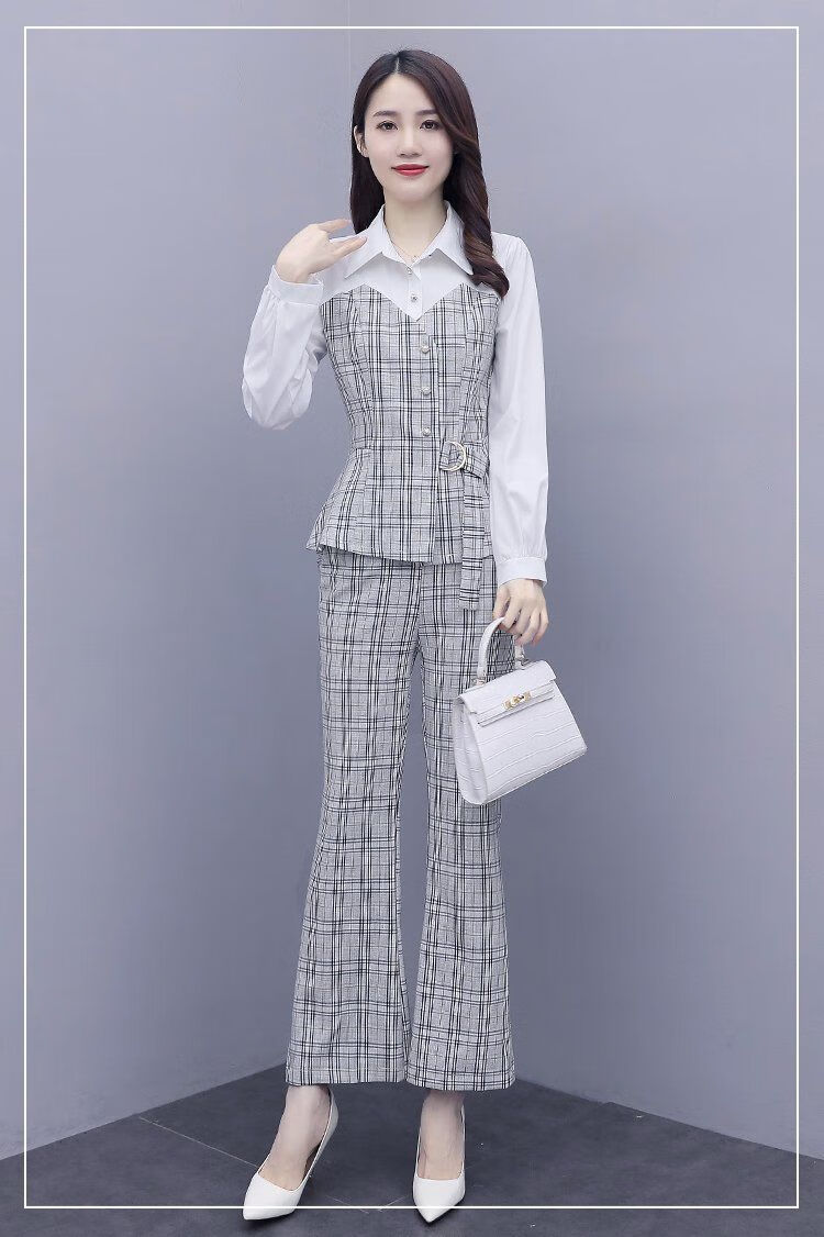 小香风职业阔腿裤套装女2021秋季新款女神范格子洋气气质两件套olsn