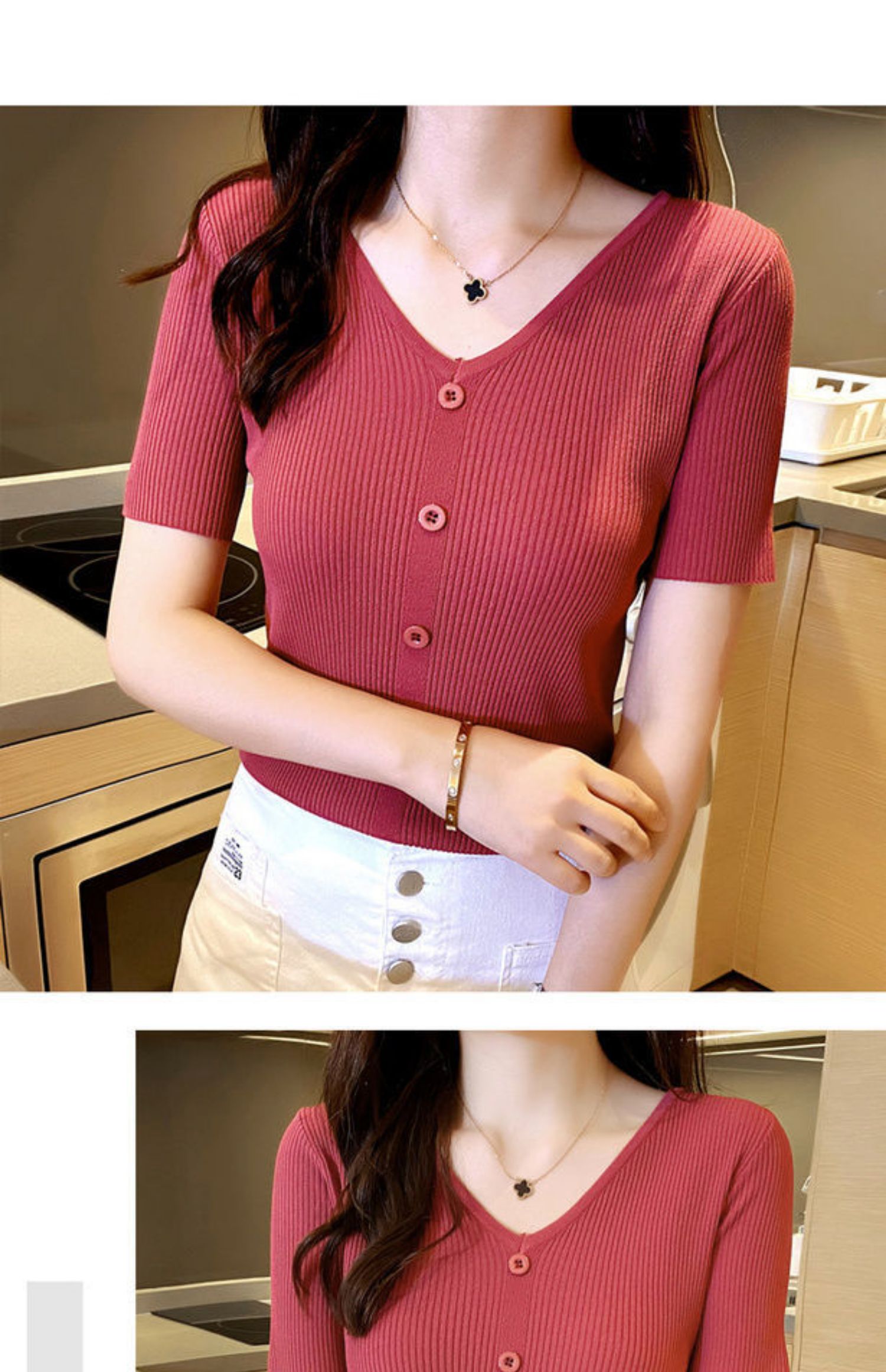 品质v领冰丝t恤女士短袖夏季薄款新款修身套头色打底衫针织衫上衣女
