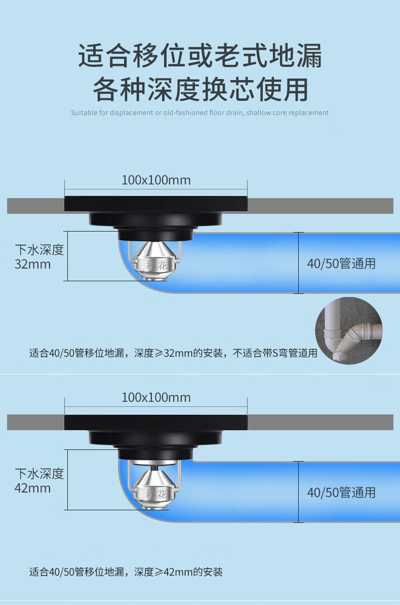 松花磁悬浮防臭地漏铜芯卫生间下水道移位专用防反味厕所通用全铜