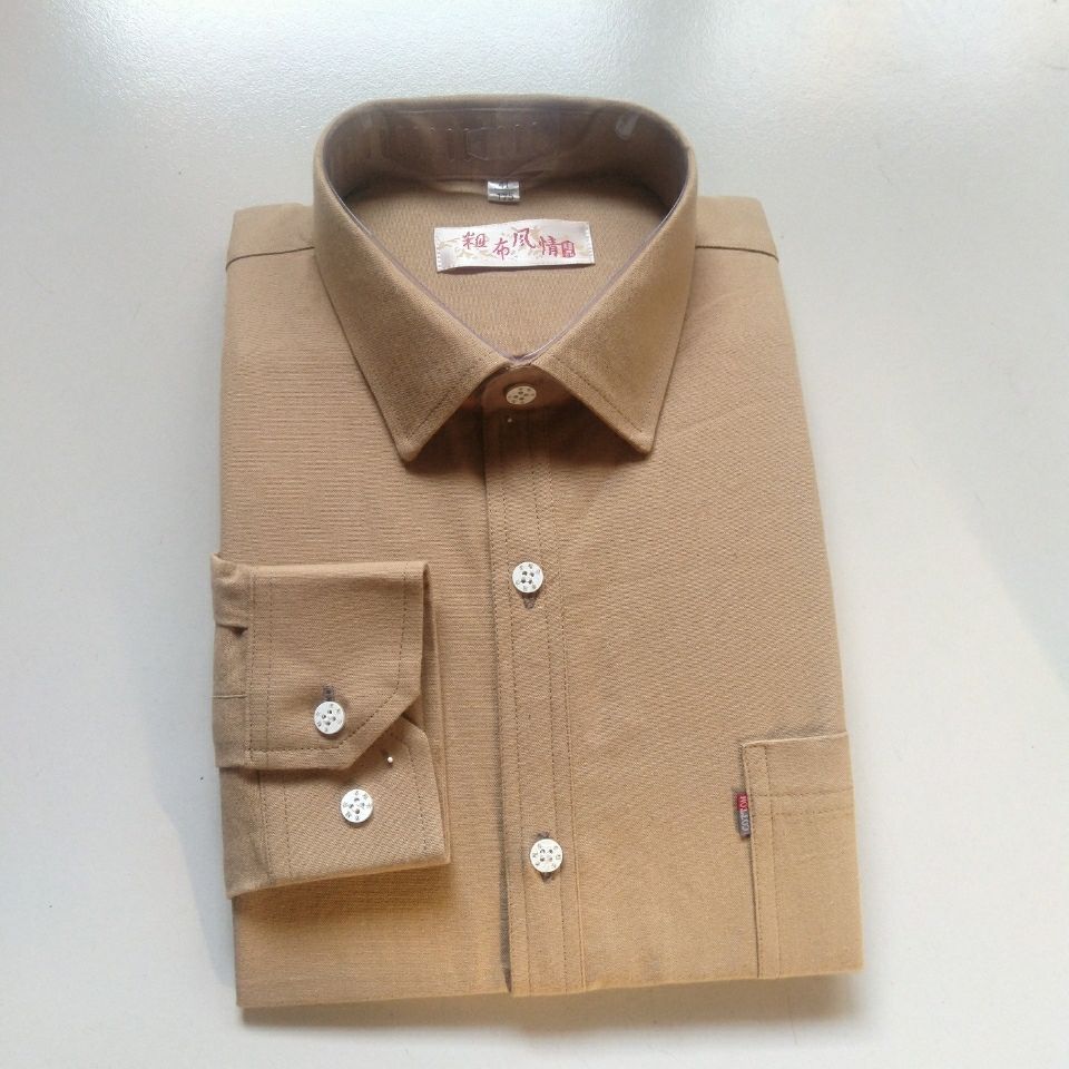 春秋季纯棉纯色衬衫男加密加厚棉布衬衣粗布风情男装黑色翻领16539