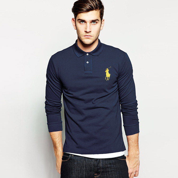 美国大马标保罗贵族男士翻领长袖t恤男秋季刺绣纯棉翻领商务休闲打底