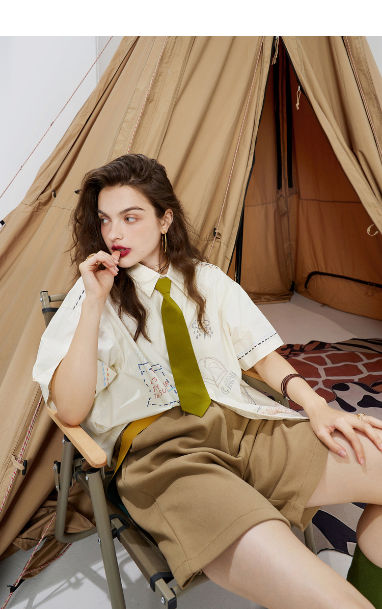 【新款】妖精的口袋工装设计感小众花衬衫女2021秋季短袖复古港风