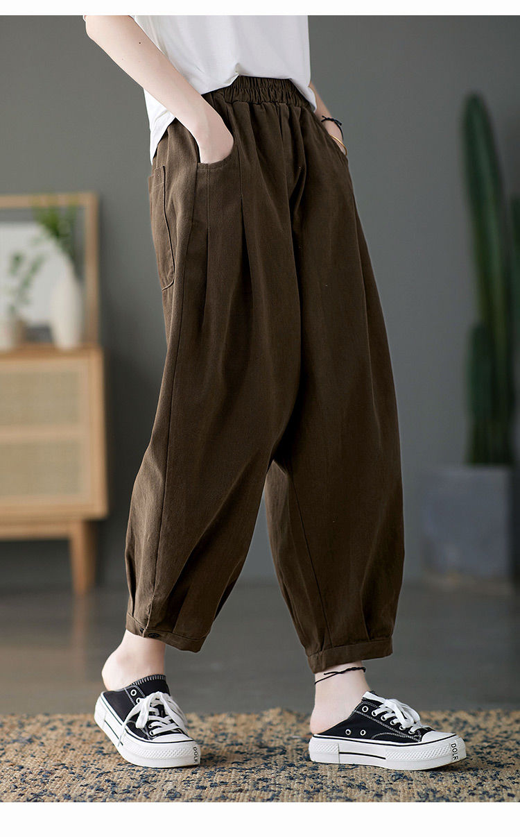 素订高端棉麻女秋季2022年新款棉秋冬复古棉质哈伦萝卜裤文艺通勤宽松