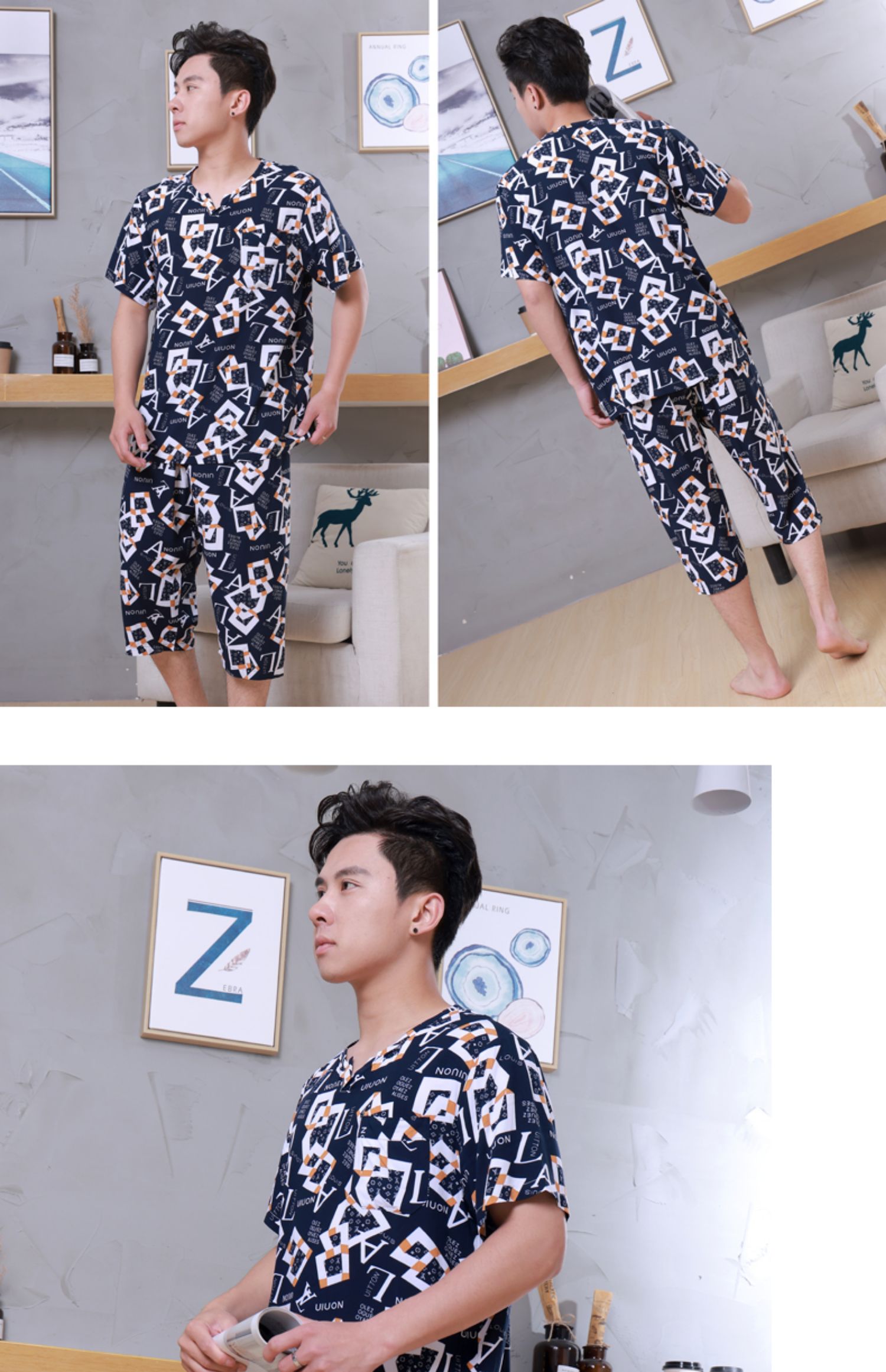 新品 男士棉绸睡衣套装夏短袖七分裤绵绸睡衣家居服青年可外穿沙滩装