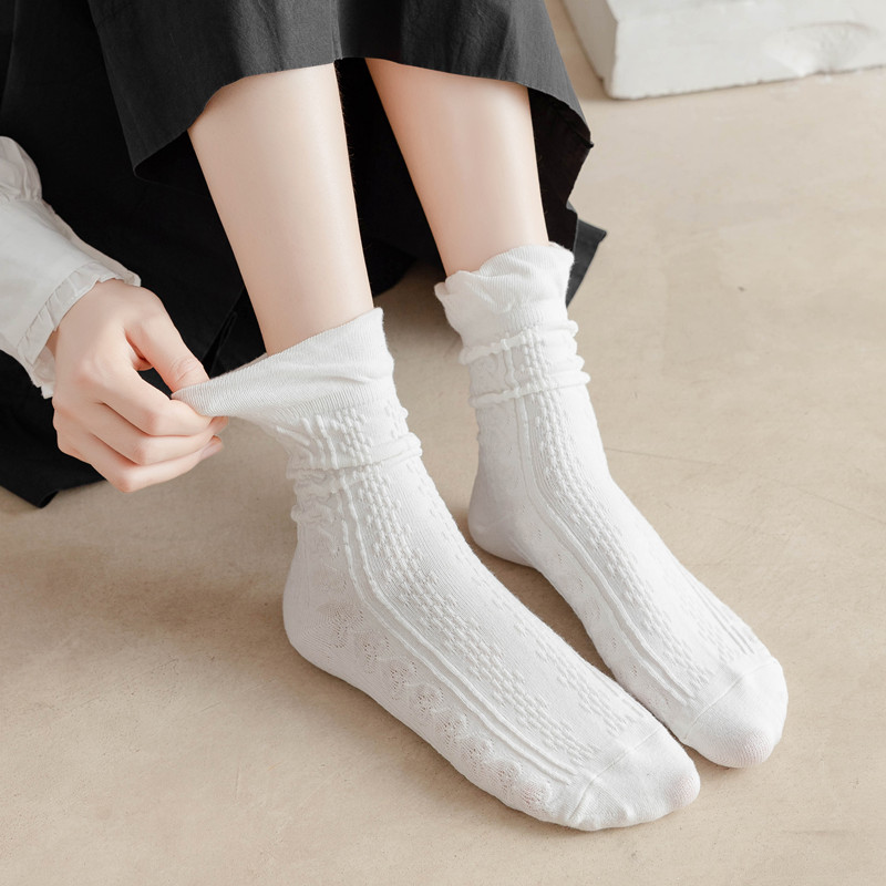 白袜子女女夏可爱日系ins潮搭配小皮鞋春秋jk中筒堆堆袜a 菱格 泡泡口