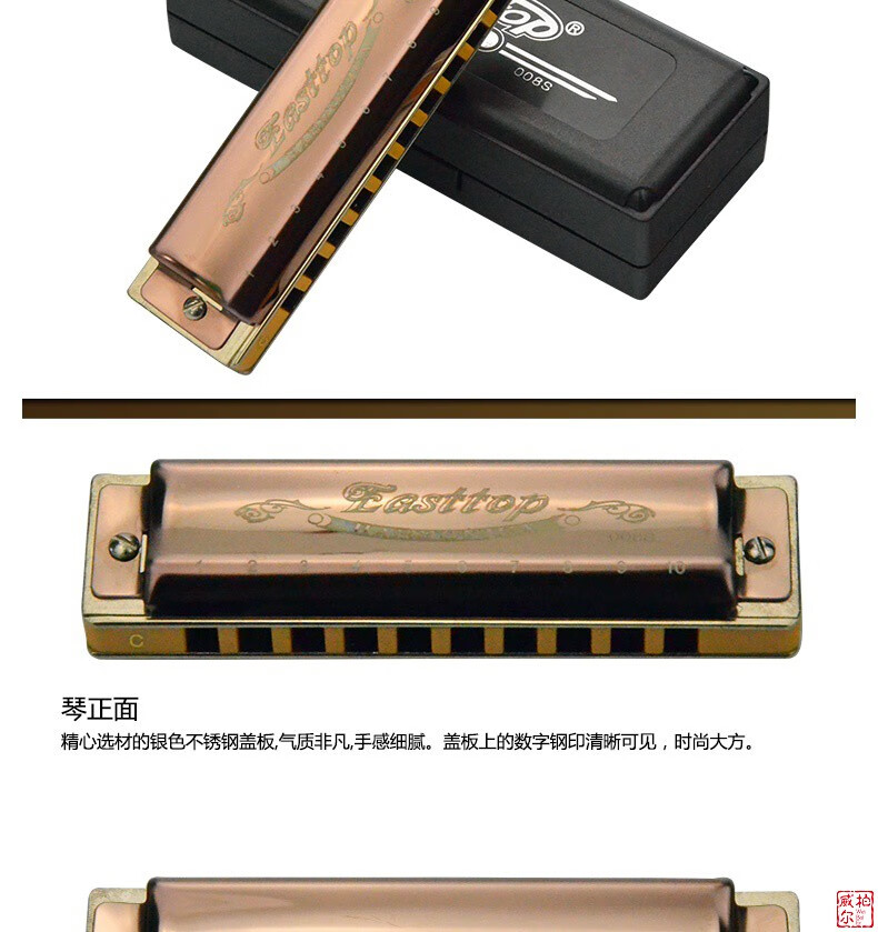 easttop东方鼎十孔布鲁斯口琴10孔c调自学蓝调专业演奏级口琴 透明