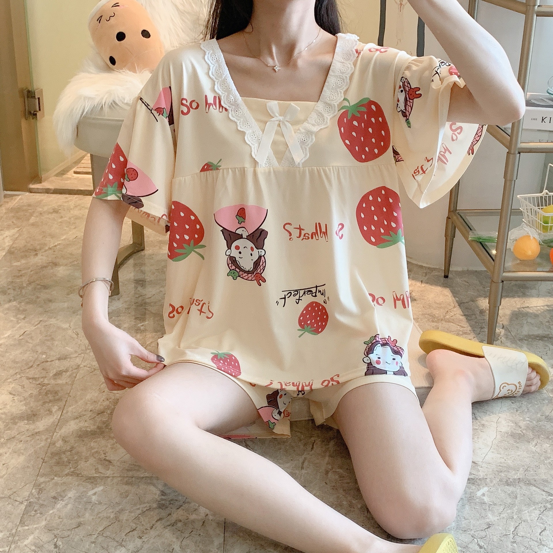 北极绒睡衣女夏季少女牛奶棉公主风短袖短裤家居服两件套 115#唐.老.