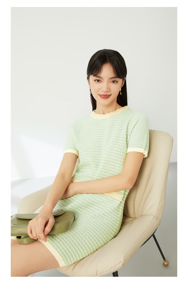伊芙丽连衣裙2021新款夏装法式圆领小香风设计感拼色小众针织裙子