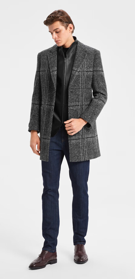 羊毛劲霸男装男士呢子外套商务复古格子毛呢大衣bfwd3533灰色165