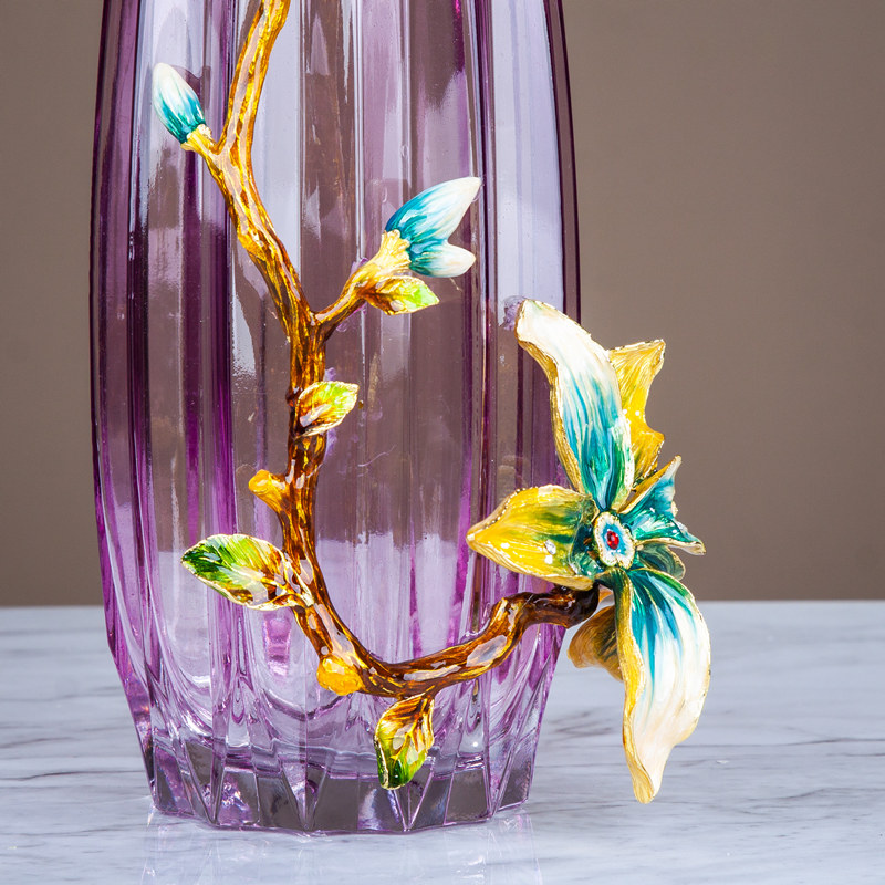 珐琅玻璃花瓶摆件客厅台面欧式别墅家用装饰礼品简约轻奢 透明两件套