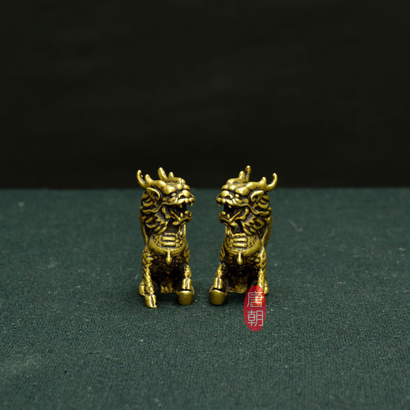 貔貅摆件招财镇丨宅实心黄铜 (公母一对)招财送福麒麟 黄铜麒麟(左边
