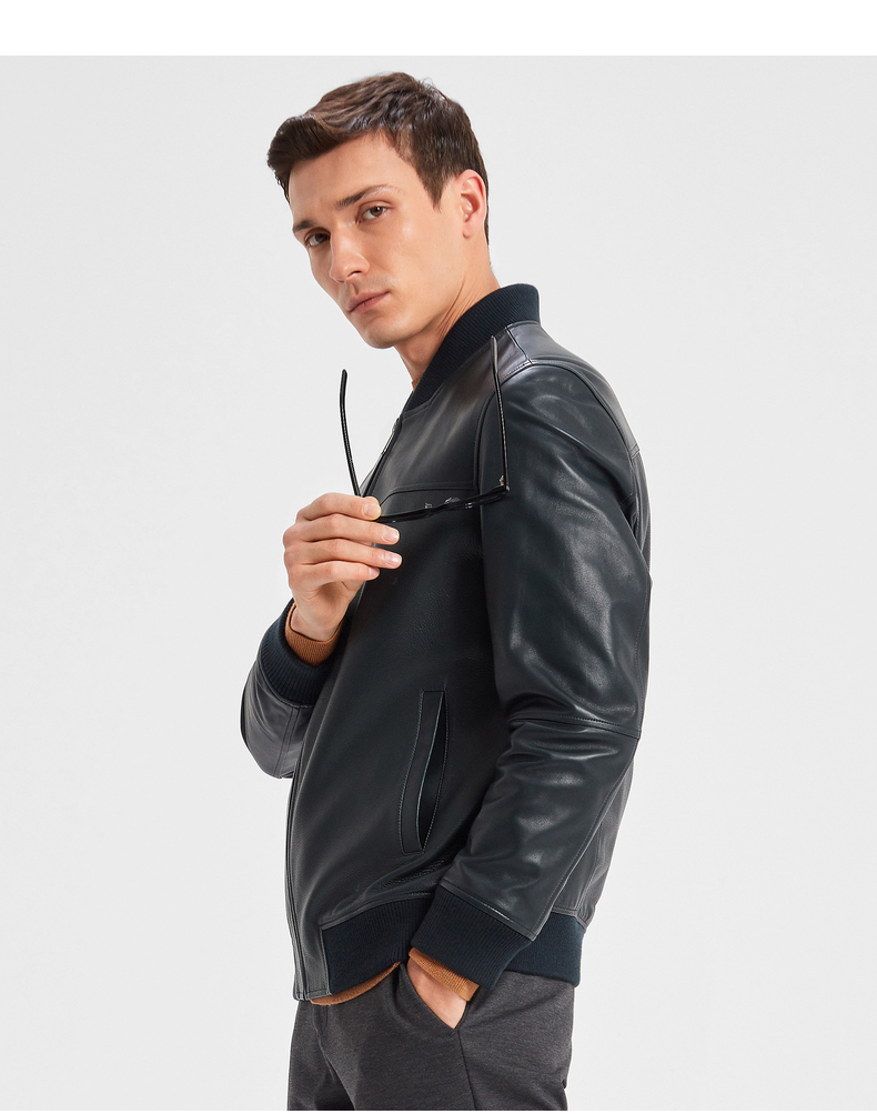 劲霸男装 真皮夹克棒球领绵羊皮外套秋季男士皮衣皮装bpld3534 军色