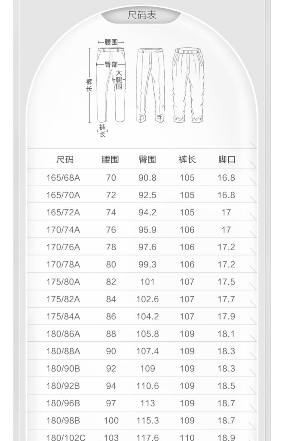 男裤的号码对照表图片