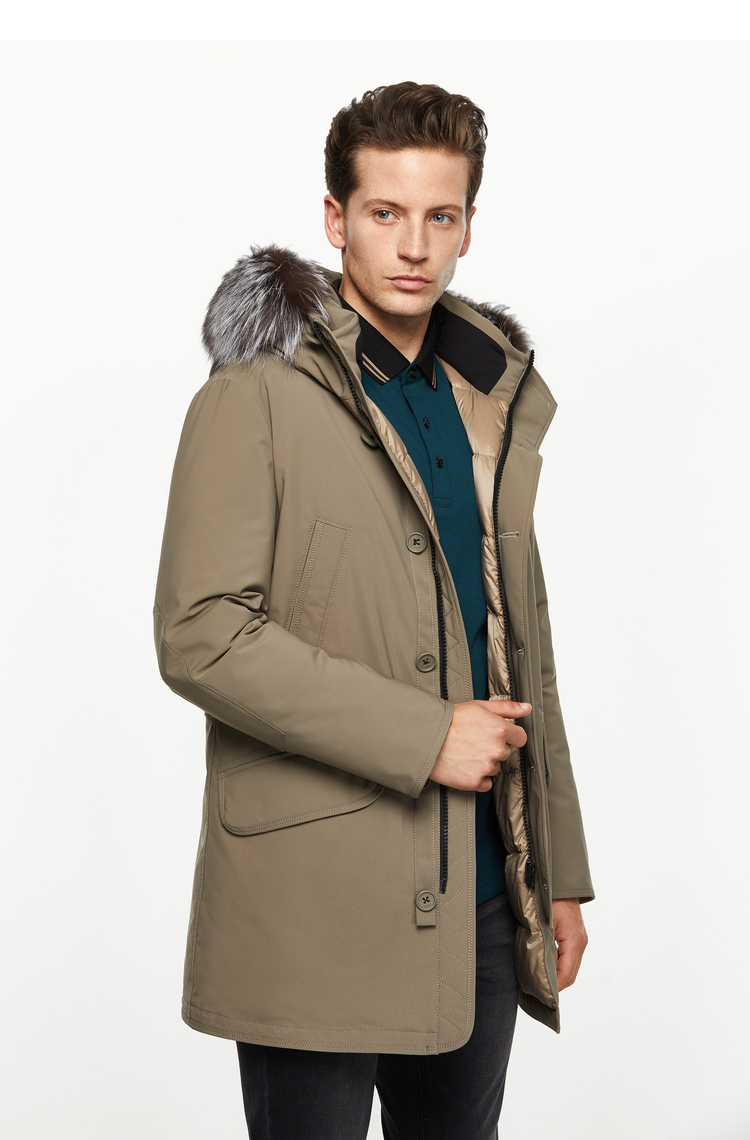 比音勒芬秋冬季男士连帽保暖狐狸毛领可卸连帽中长款羽绒服 07黑色