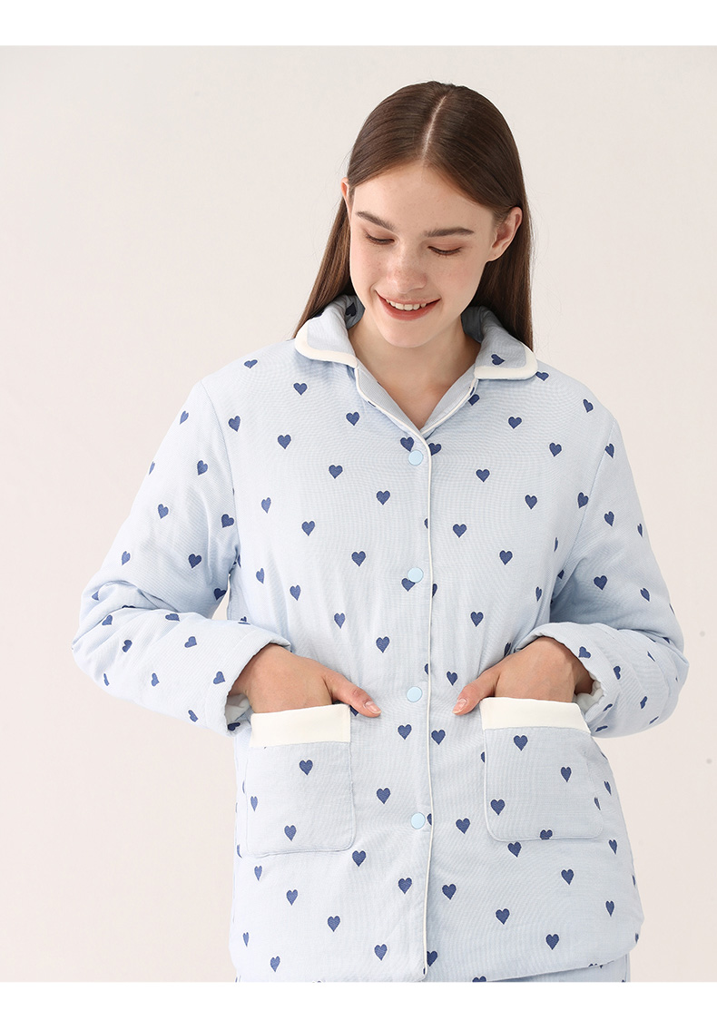 全棉时代情侣休闲双层纱布夹棉家居服套装h版睡衣厚款女款粉色爱心l