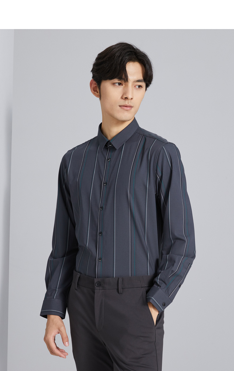 利郎官方 长袖衬衫修身竖条纹尖领韩版潮流2021秋季新款衬衣男 石灰色