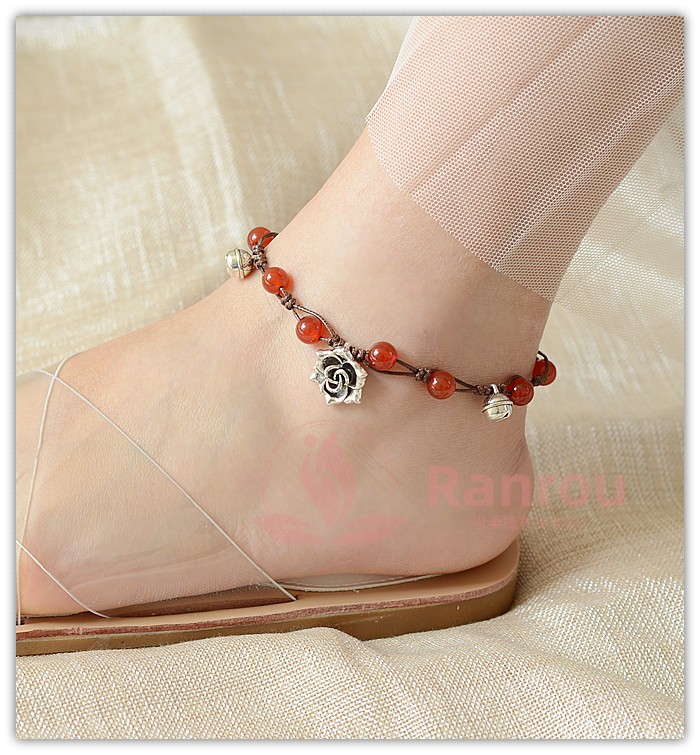 冉柔脚链铃铛女复古有声音宫铃红玛瑙花女编织可调节脚环红玛瑙铃铛款