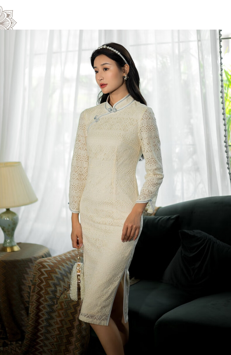 固执2021秋季新款中长款蕾丝改良旗袍 杏色 160/80a/s