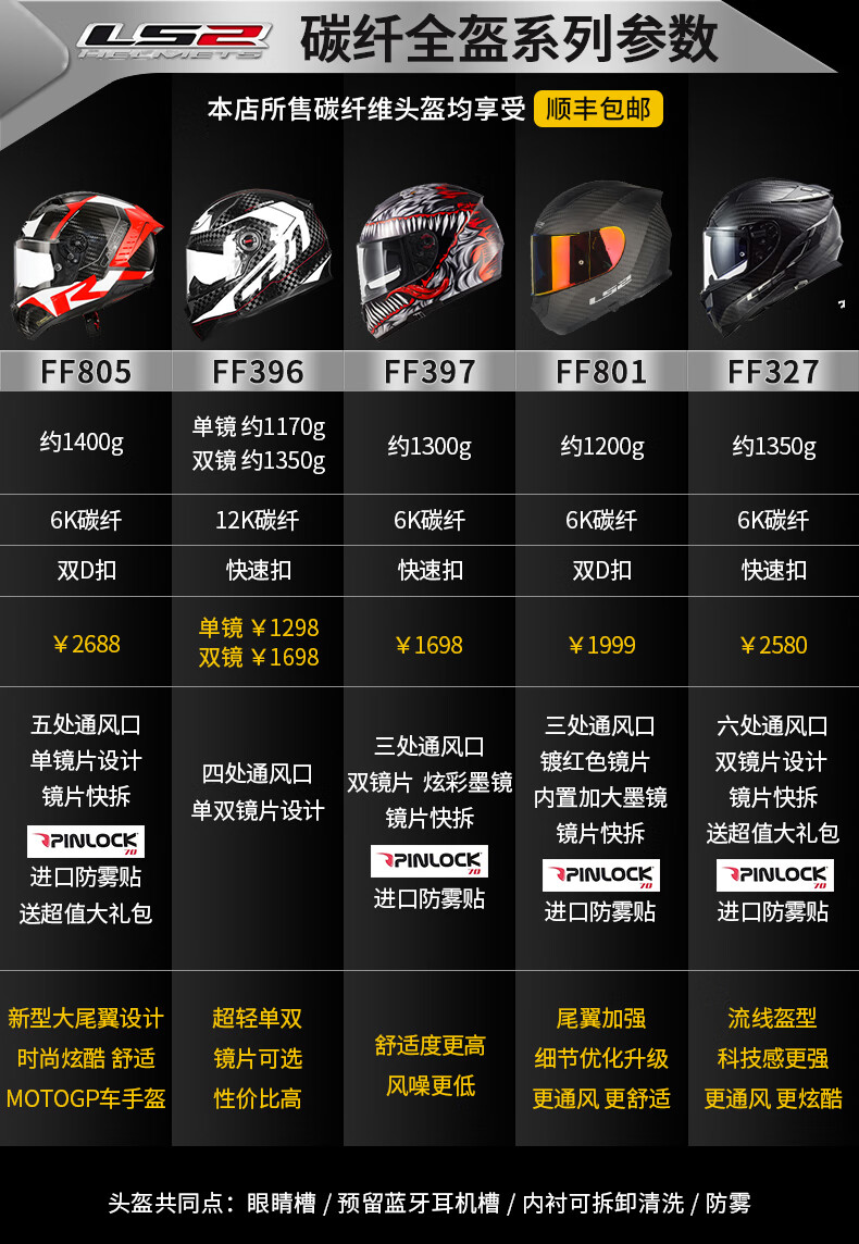 【闪电发货】shoei碳纤维全盔ls2摩托车头盔ff396全盔碳纤维超轻防雾