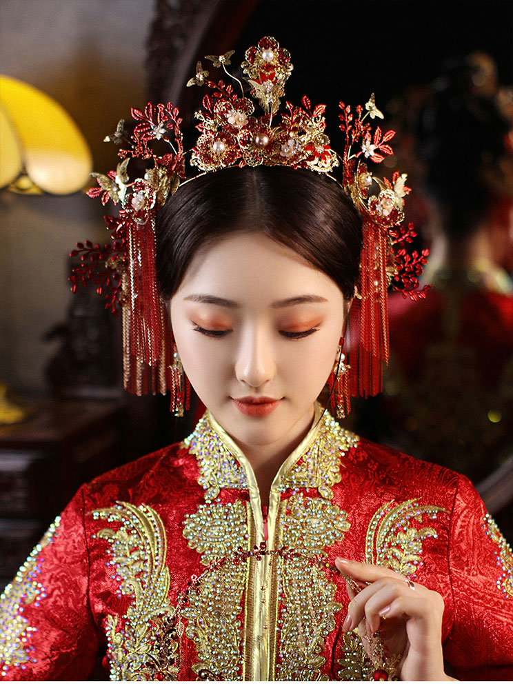 zhangu新娘头饰中式大气流苏古装秀禾服凤冠结婚秀禾头饰新款红色绮涵