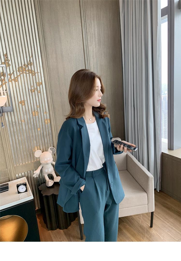 高品质秋季小西装女2021年春季新款韩版西装外套裤子套装女孔雀蓝休闲