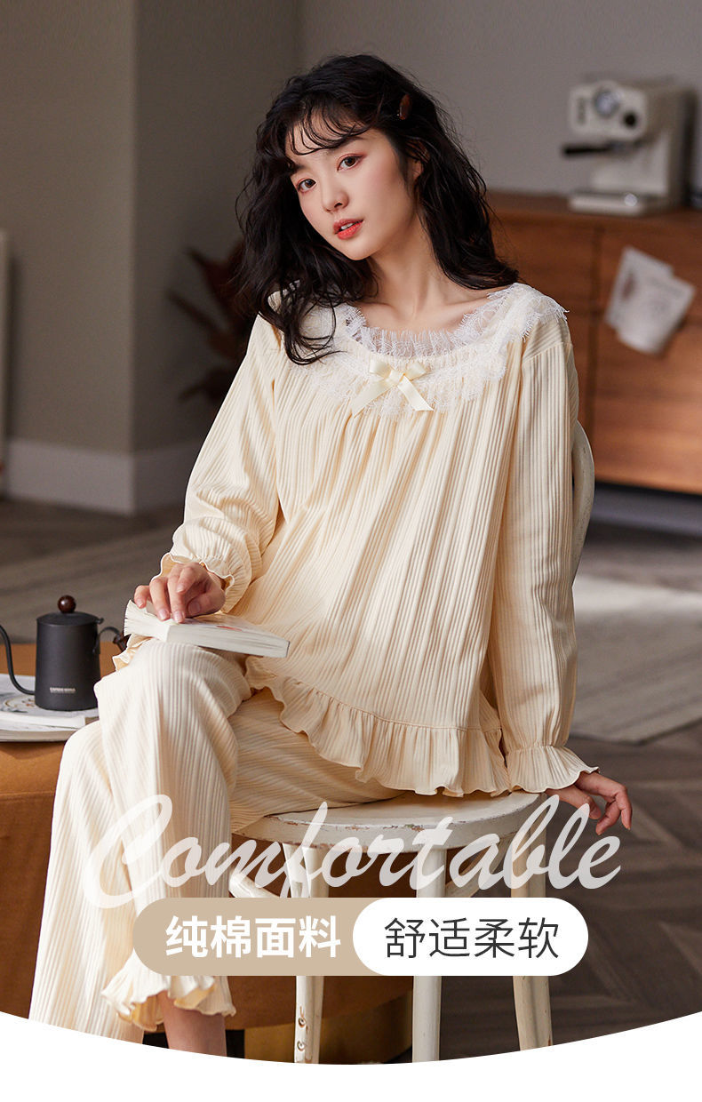 千奈美睡衣女秋冬季纯棉长袖简约套头全棉家居服可外穿春秋款套装黄m