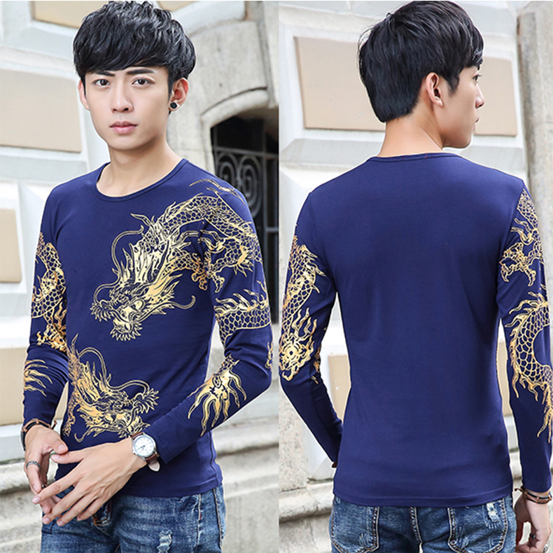有龙图案的衣服带龙图案的男衣服夏长袖t恤潮流个性社会霸气风打底衫