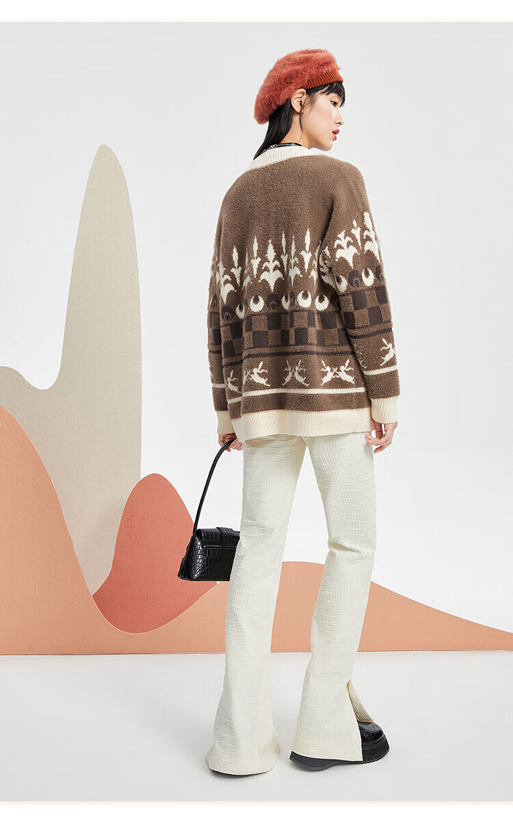 【敦煌博物馆联名】太平鸟针织开衫女2021年初秋新款复古毛衣外套 棕