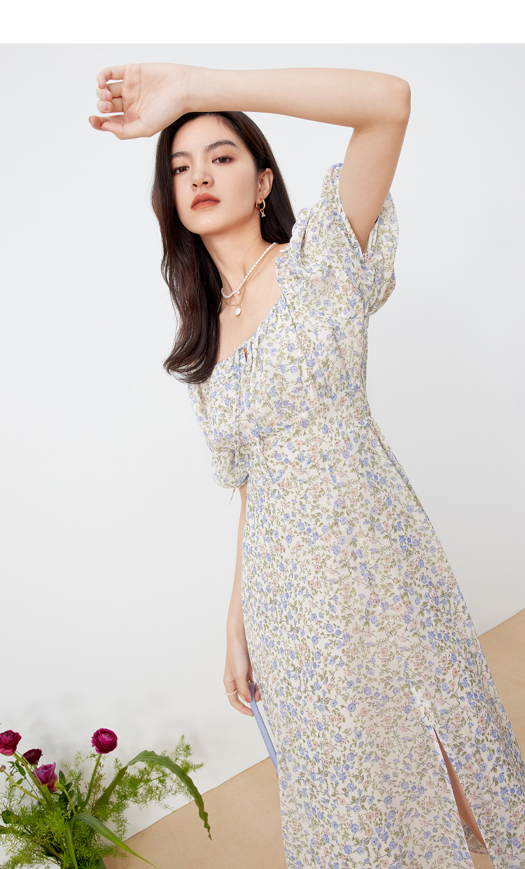 412新品何穗款伊芙丽连衣裙22春夏新款法式复古浪漫碎花裙淡粉色15580