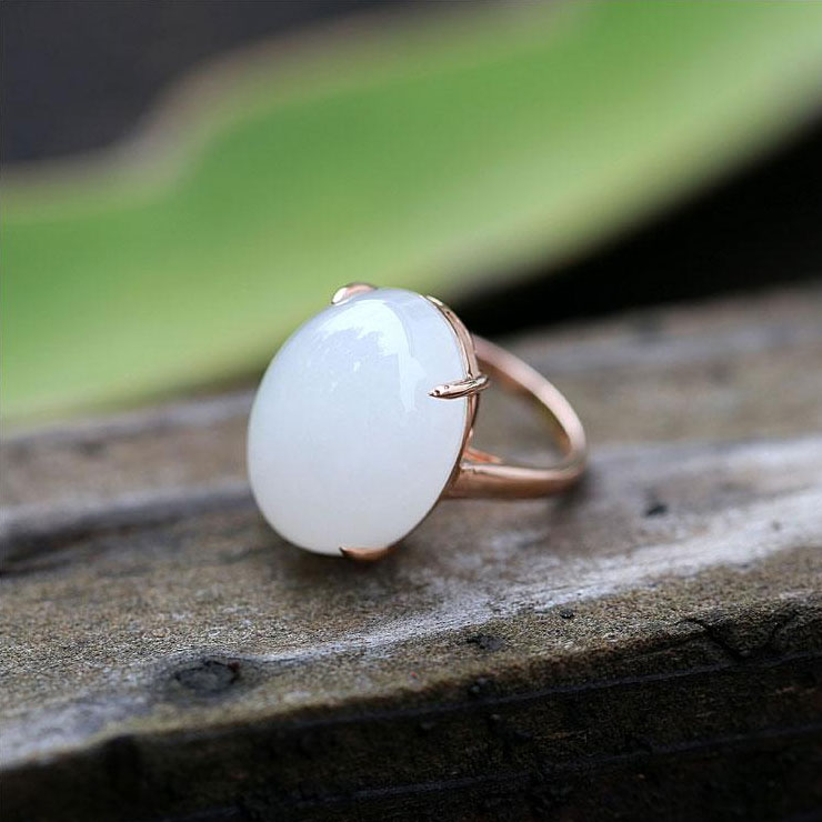 墨韵 保真和田玉白玉戒指18k玫瑰金羊脂白玉戒指蛋面k金镶玉戒指女