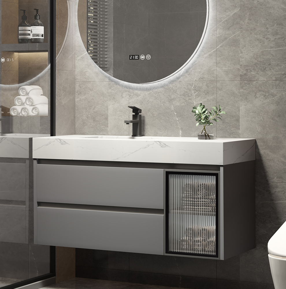 德国bozo智能浴室柜岩板台面欧式轻奢灰色实木玻璃边柜卫浴岩板洗面盆