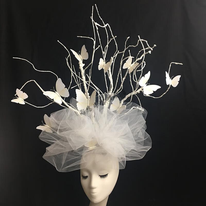 舞台表演头饰拍照走秀戴的白色新品蝴蝶羽毛头纱舞台模特走秀表演摄影