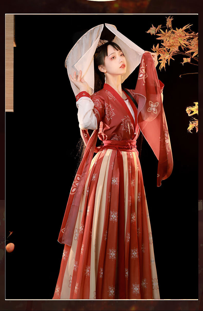 汉服女唐制中国风对襟唐褙子齐腰襦裙春夏 红色三件套3米song披帛