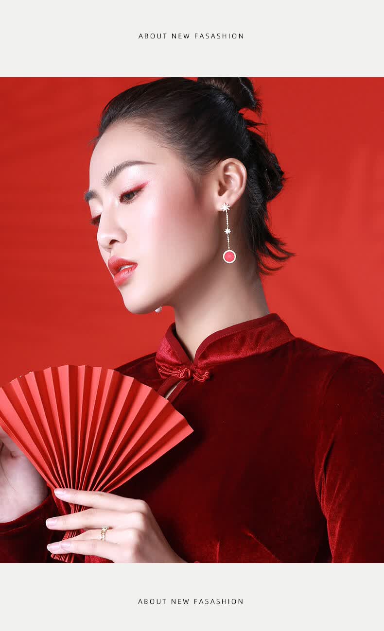 红色不对称耳环2021年新款潮夏季款感耳饰女耳坠长款气质红色