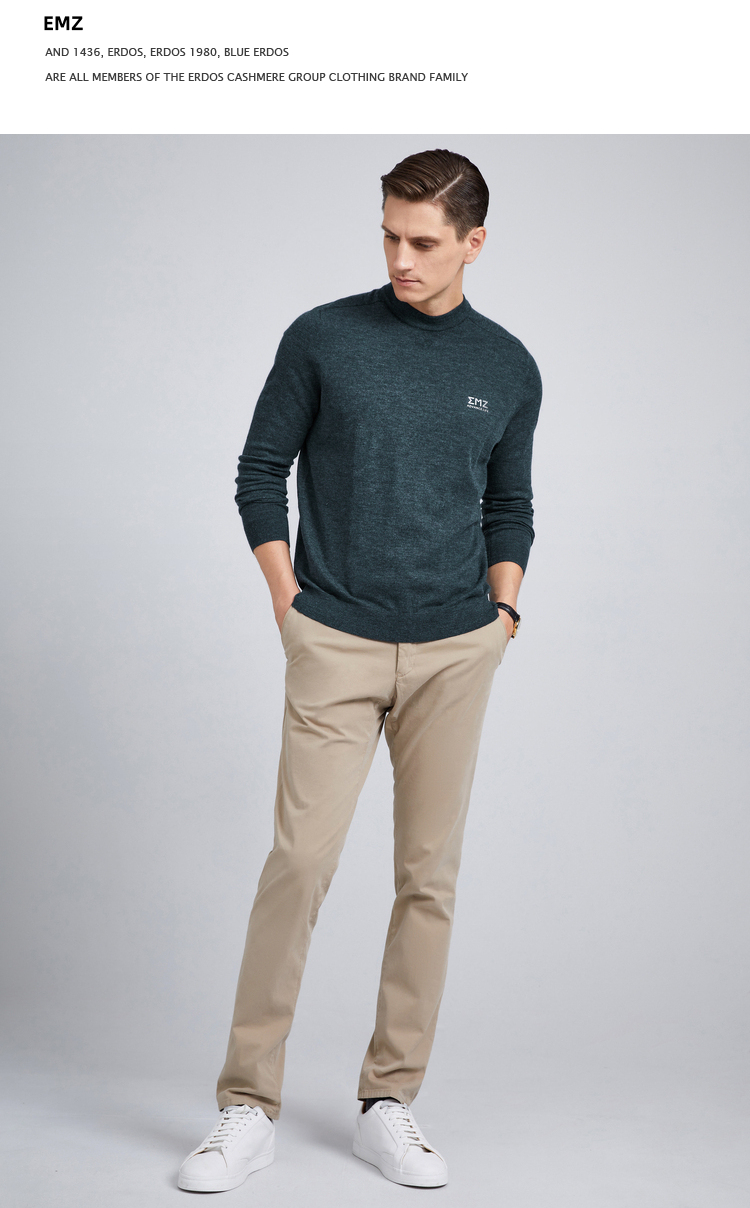 鄂尔多斯emz早春商务休闲羊毛衫男士圆领柔软毛衣针织衫大红5017592a