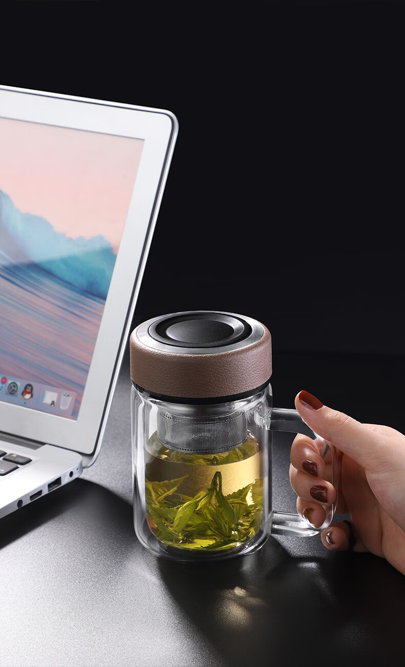 源凯莱饰加厚双层玻璃杯商务保温杯带手柄家用水杯便携车载办公室泡