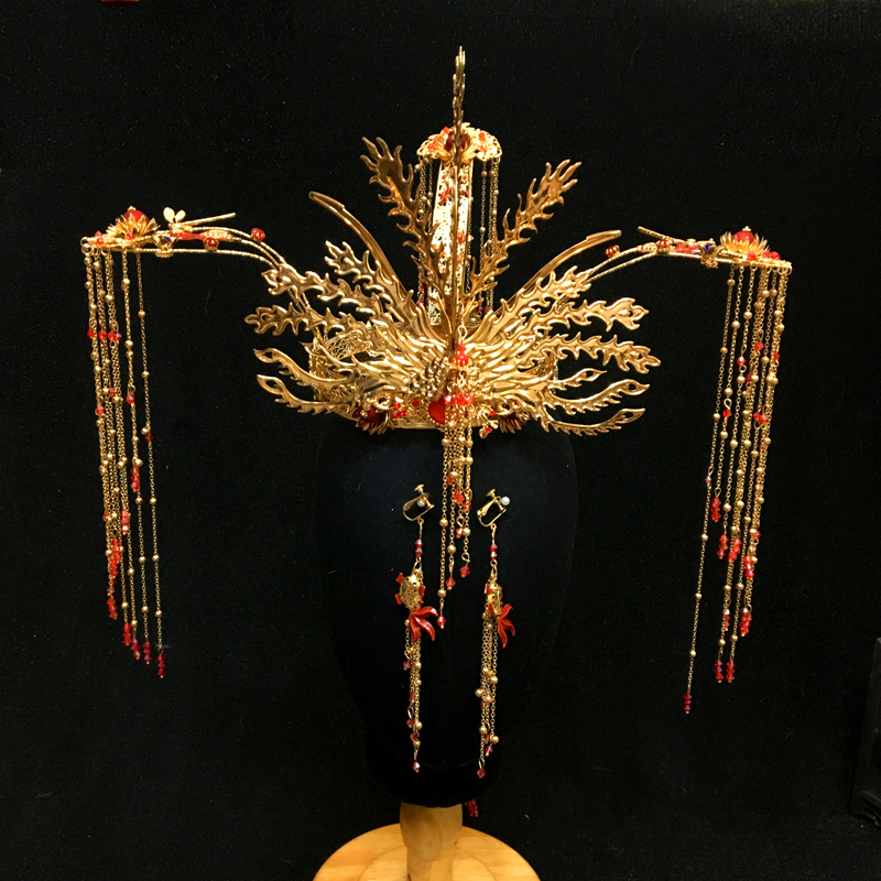 中式新娘秀禾服头饰简约大气流苏步摇凤冠古装眉心坠发饰红宝款凤冠