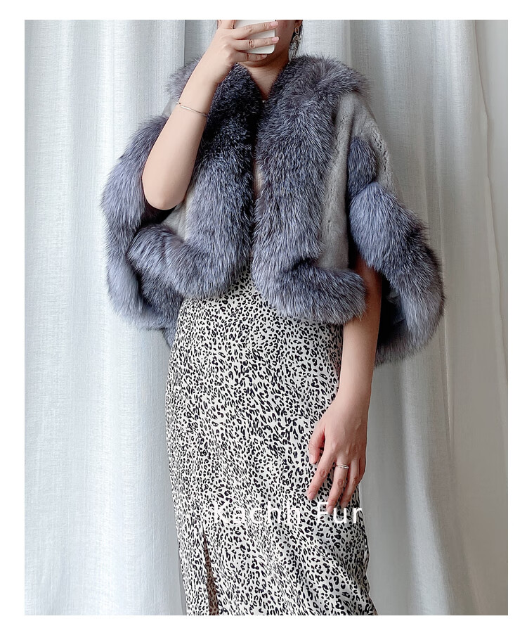 恒源祥品牌轻奢高档女装 水貂皮草披肩女狐狸毛领整貂皮短款带袖斗篷