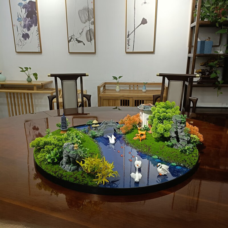 摆件电动转盘盆景工艺品微缩景观圆形转盘花 60cm双桥小城【图片 价格