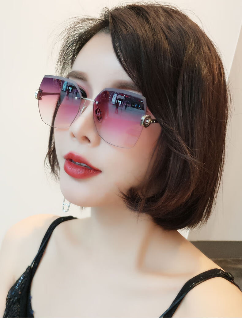 高品质太阳眼镜女2021新款ins太阳镜女潮大框圆脸无框切边眼镜网红